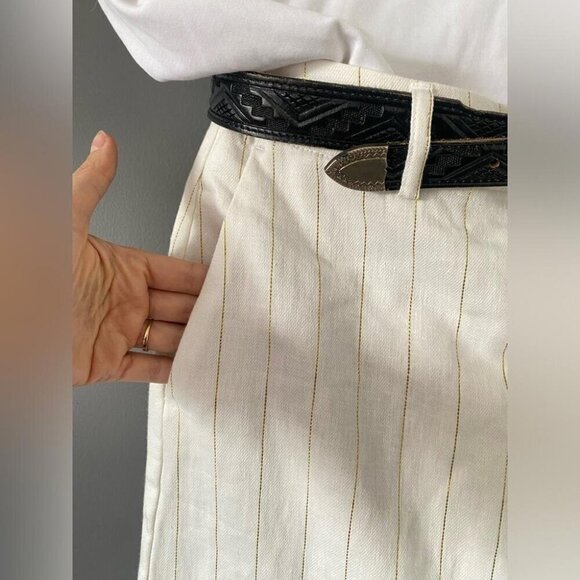 Coastal Chic Rachel Zoe Mid-Length Skirt White Gold Striped Linen - Picture 4 of 13